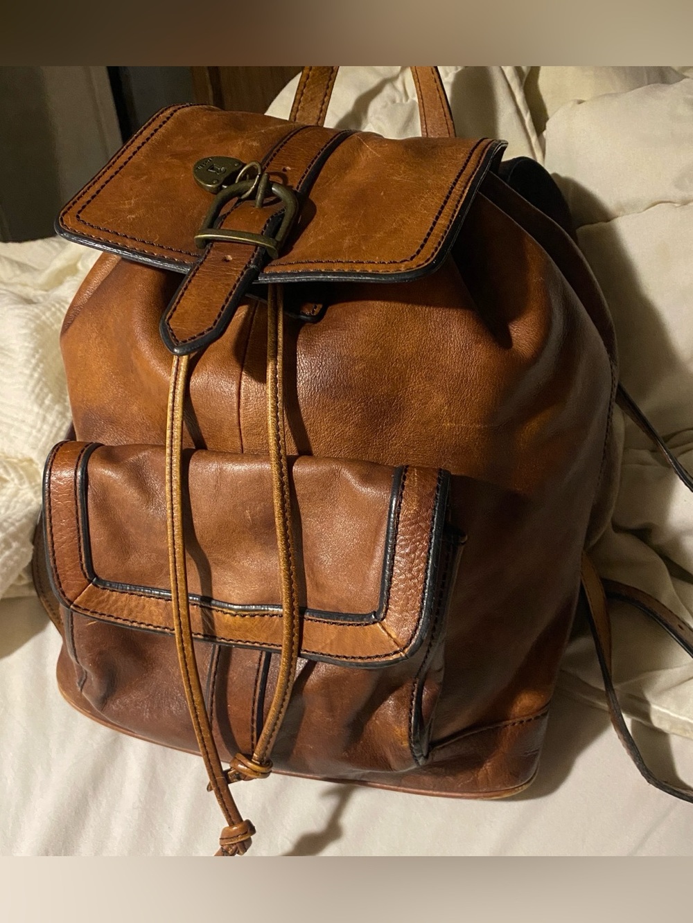 FOSSIL Vintage Reissue women's brown leather distressed backpack bag drawstring - Picture 4 of 16